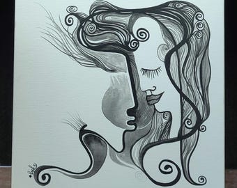 Black and white painting, original creation, acrylic and wash on cotton canvas - &quot;human by nature&quot; inspiration - artist LydieLYK