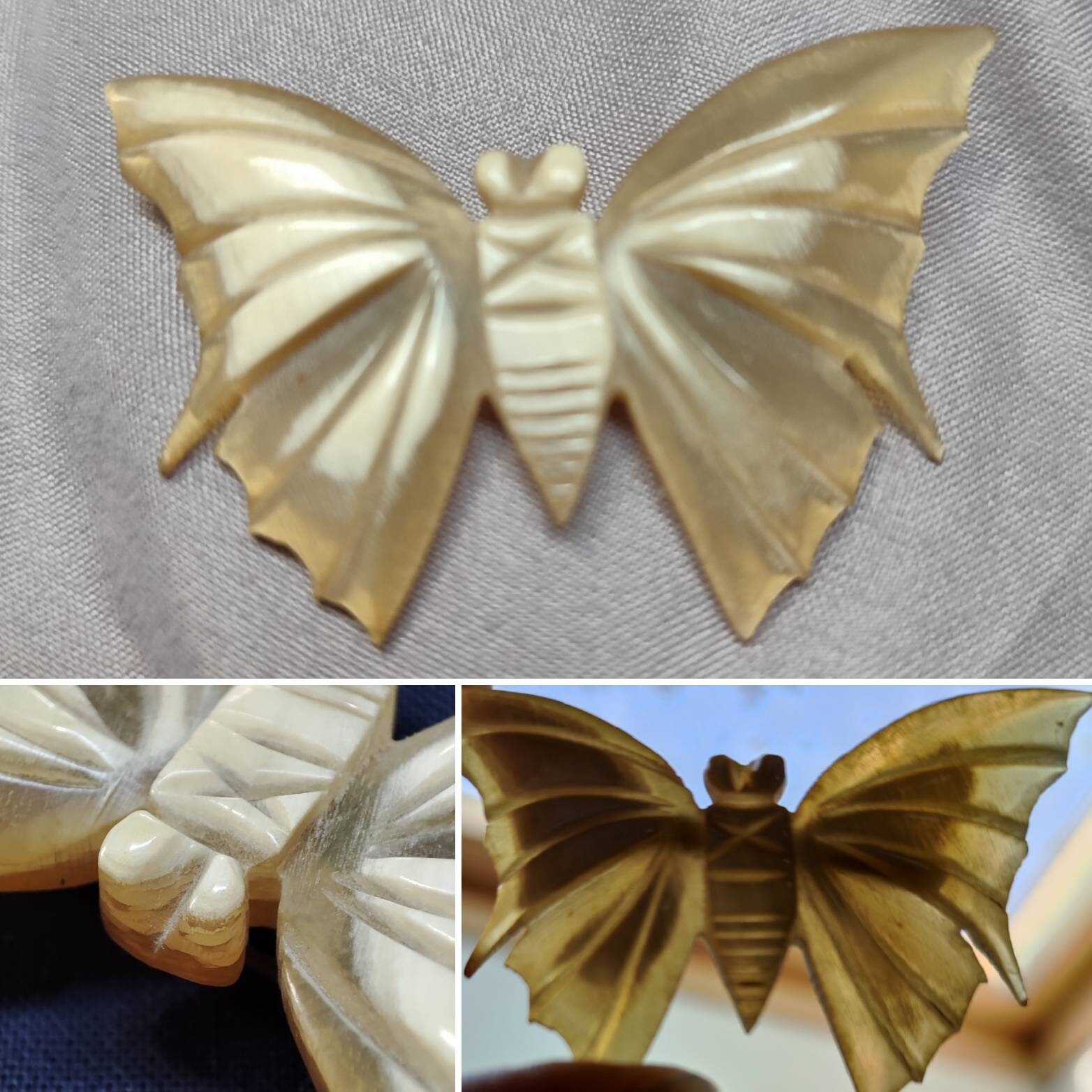 Broche Vintage En Corne Bovine - Forme Papillon - Bijou Ancien Et Unique