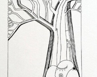 Drawing medley souls - original black line Unique piece French Art LydieLYK - Sentimental mountain, tree and portrait in Harmony