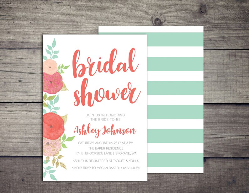 Coral and mint bridal shower invitation coral and mint Etsy
