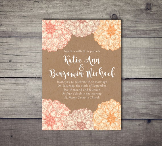 Orange Flower Invitation Rustic Wedding Invitation Coral Etsy