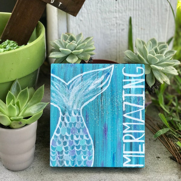 Mermazing Glitter Sign - Hand Painted Wood - Acrylic Watercolor