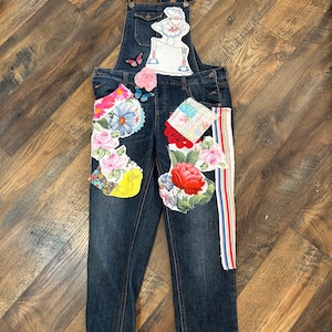 Custom one of a kind, upcycled farmers,Vintage appliqué style ,Jean Overalls woman size XL