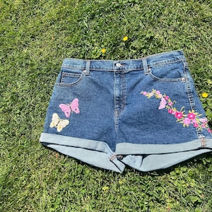 Jean cuf shorts with butterfly accents custom made clothing