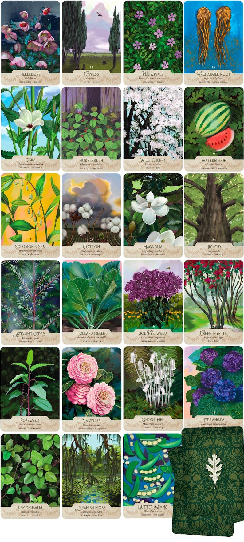 May include: A collection of botanical oracle cards featuring various plants and flowers. Each card displays a detailed illustration of a plant, along with its name and a brief description. The cards include images of Hellebore, Cypress, Periwinkle, and more.