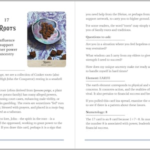 Puede incluir: Una carta de tarot con la palabra "Roots" y palabras clave relacionadas. La carta presenta una concha con ra&iacute;ces marrones y ra&iacute;ces adicionales dispersas. El tema de la carta es influencia, apoyo, poder interior y ascendencia.