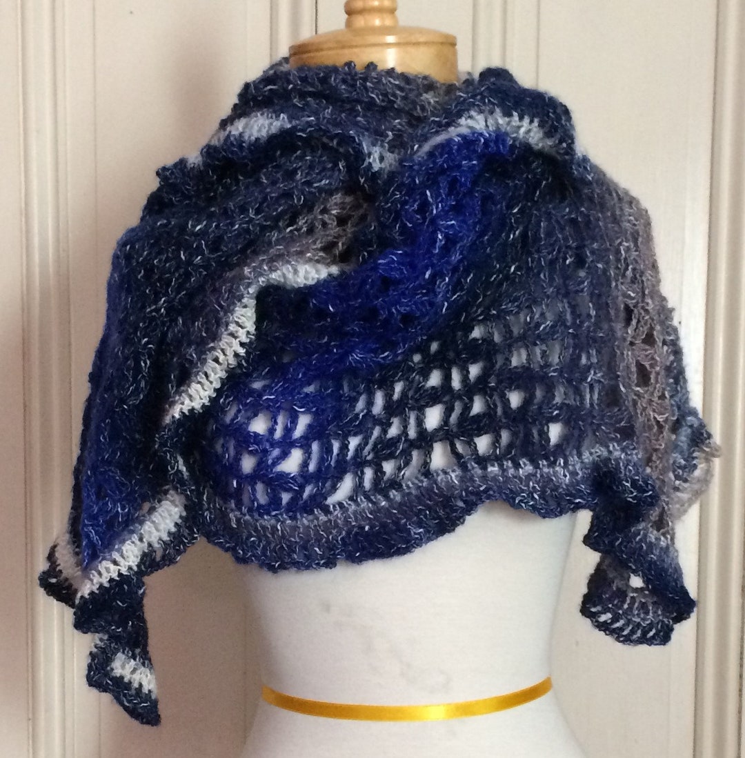 Shawl Ruffle Crocheted Ruffled Shawl, Elegant Blue Acrylic Knit - Etsy