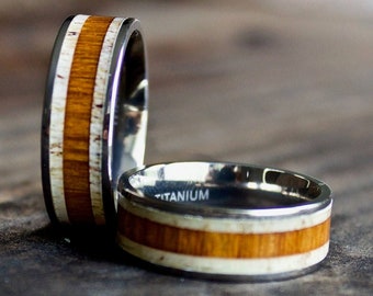 Wood Ring, Titanium Wood Antler Ring, Mens Wood Ring, Wedding Band, Koa Wood Ring, Wooden Ring, Wood Wedding Ring, Deer Antler Ring