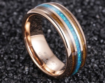 Rose Gold Tungsten Wood Ring, Opal wood ring, Wooden Ring for Men, wooden wedding Ring, Wood Wedding Band, Shell, Hawaiian Koa , 8mm ring