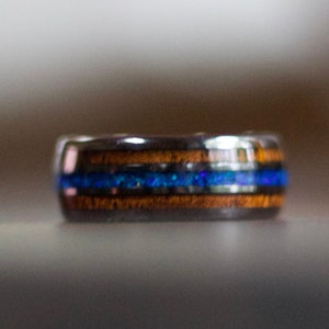 Opal and Koa Wood Black Tungsten Mens Wedding Band Opal Ring Opal Band Wood Wedding Ring Gunmetal Modern Wedding Band for Men