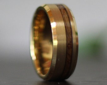 Gold Tungsten Wedding Band with whiskey wood inlay, Gold Mens Wedding Ring, Gold Plated Mens Ring, Gold Engagement Band for Men, Wood Ring