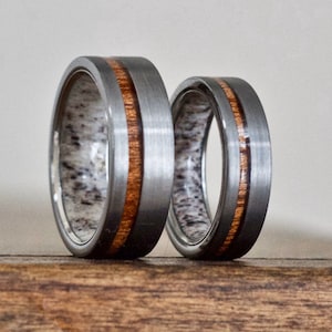Antler Ring, Tungsten Carbide Band, Mens Ring, Koa Wood Ring, Wood Wedding Band, Deer Antler Ring, Antler Wedding Band, Wood Ring