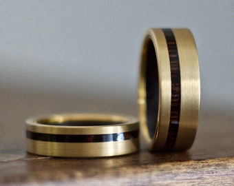 Alliance en or, alliance en bois, bague de mariage en or, bague en bois, homme bague en bois, bague Mans, bague en or, bague en bois, bague incrustation de bois