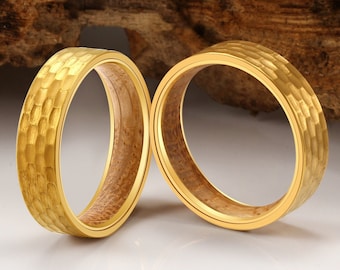 Gold Wedding Band, Hammered Wedding Band, Gold Wedding Ring, Mens Wood Ring, Hammered Ring, Gold Hammered Ring, Wood Wedding Band, Wood Ring