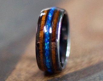 Mens Gunmetal Wedding Band with Crushed Blue Opal Koa Wood Inlay Ring Wood Wedding Band Mens Opal Ring Waterproof Wood Ring