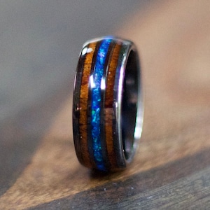 Mens Gunmetal Wedding Band with Crushed Blue Opal Koa Wood Inlay Ring Wood Wedding Band Mens Opal Ring Waterproof Wood Ring