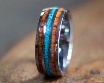 Mens Silver Wedding Band with Turquoise Koa Wood Inlay Ring Wood Wedding Band Mens Turquoise Ring Waterproof Wood Ring Black Wedding Rings