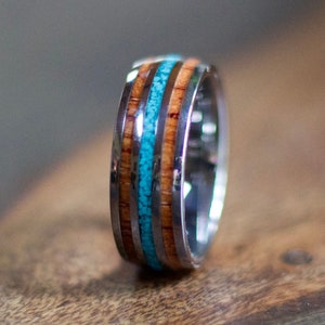 Mens Silver Wedding Band with Turquoise Koa Wood Inlay Ring Wood Wedding Band Mens Turquoise Ring Waterproof Wood Ring Black Wedding Rings