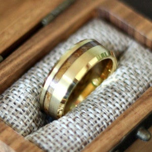 Gold Tungsten Wedding Band with whiskey wood inlay, Gold Mens Wedding Ring, Gold Plated Mens Ring, Gold Engagement Band for Men, Wood Ring
