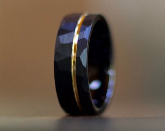 Mens Hammered Tungsten Wedding Band Black Wedding Band with Rose Gold inlay Black  Ring for Men Women Hammered Ring Black Band Men’s Rings