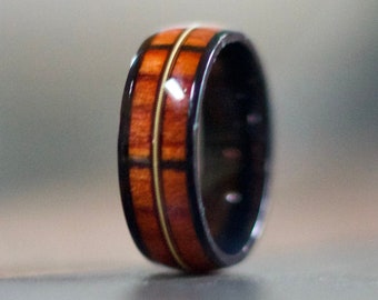 Guitar String Ring with Koa Wood inlay Mens Wedding Band Promise Ring Wood Wedding Band with guitar string inlay, Mens Wood Rings