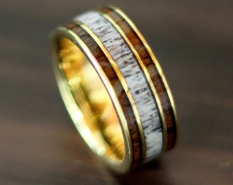 Gold Tungsten Wedding Band with antler wood inlay, Gold Mens Wedding Ring, Gold Plated Mens Ring, Deer Antler Wedding Band Ring, Wood Ring