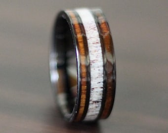 Black Tungsten Wedding Band with antler wood inlay, Black Wedding Ring, Mens Black Engagement Ring, Deer Antler Wedding Band Ring