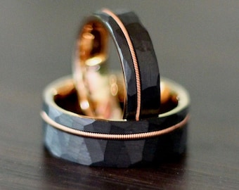 Black Tungsten Ring with Rose Gold Interior, Guitar String Ring, Musicians Jewelry, Black Wedding Band, Unique Wedding Band for Men