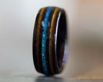 Men’s Wedding Band with crushed Opal and wood, Wood wedding band for men, Koa Wood ring, wedding ring for men, wood rings black wedding band