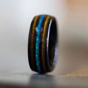 Men’s Wedding Band with crushed Opal and wood, Wood wedding band for men, Koa Wood ring, wedding ring for men, wood rings black wedding band
