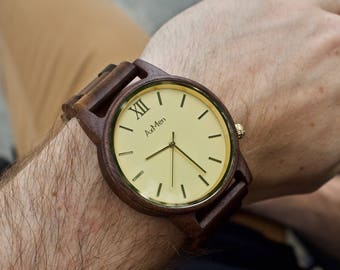 Darmowe grawerowanie, drewno zegarek, spersonalizowany drewniany zegarek, grawerowane drewna zegarek, Mens drewniany zegarek, drewniany zegarek, Mens Watch, złoty zegarek, drewno