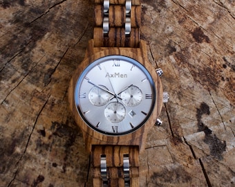 FREE Engraving, Wood Watch, Mens Wood Watch, Wooden Watch, Chronograph Watch, Mens Wooden Watch, Personalized Watch, Anniversary Gift Men