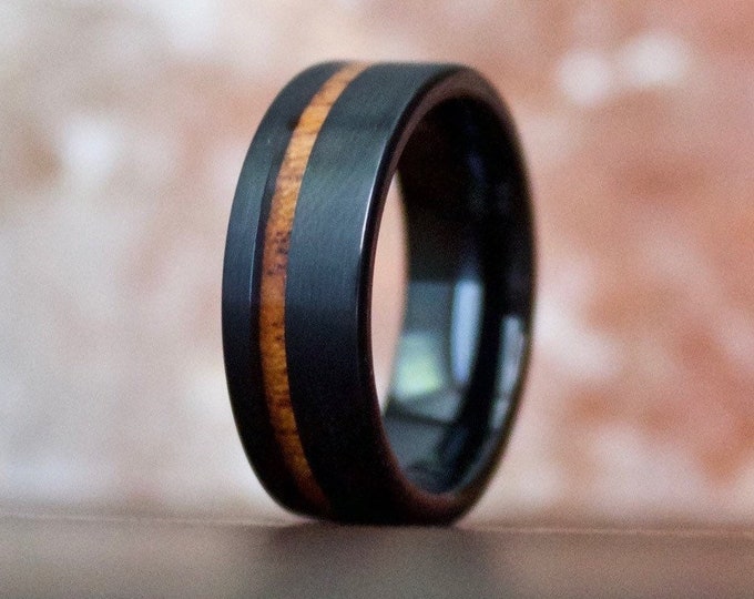 Featured listing image: Black Wedding Band, Mens Wood Wedding Band, Brushed Black Ring, Mens Black Ring, Tungsten Ring for Men, Wood Ring