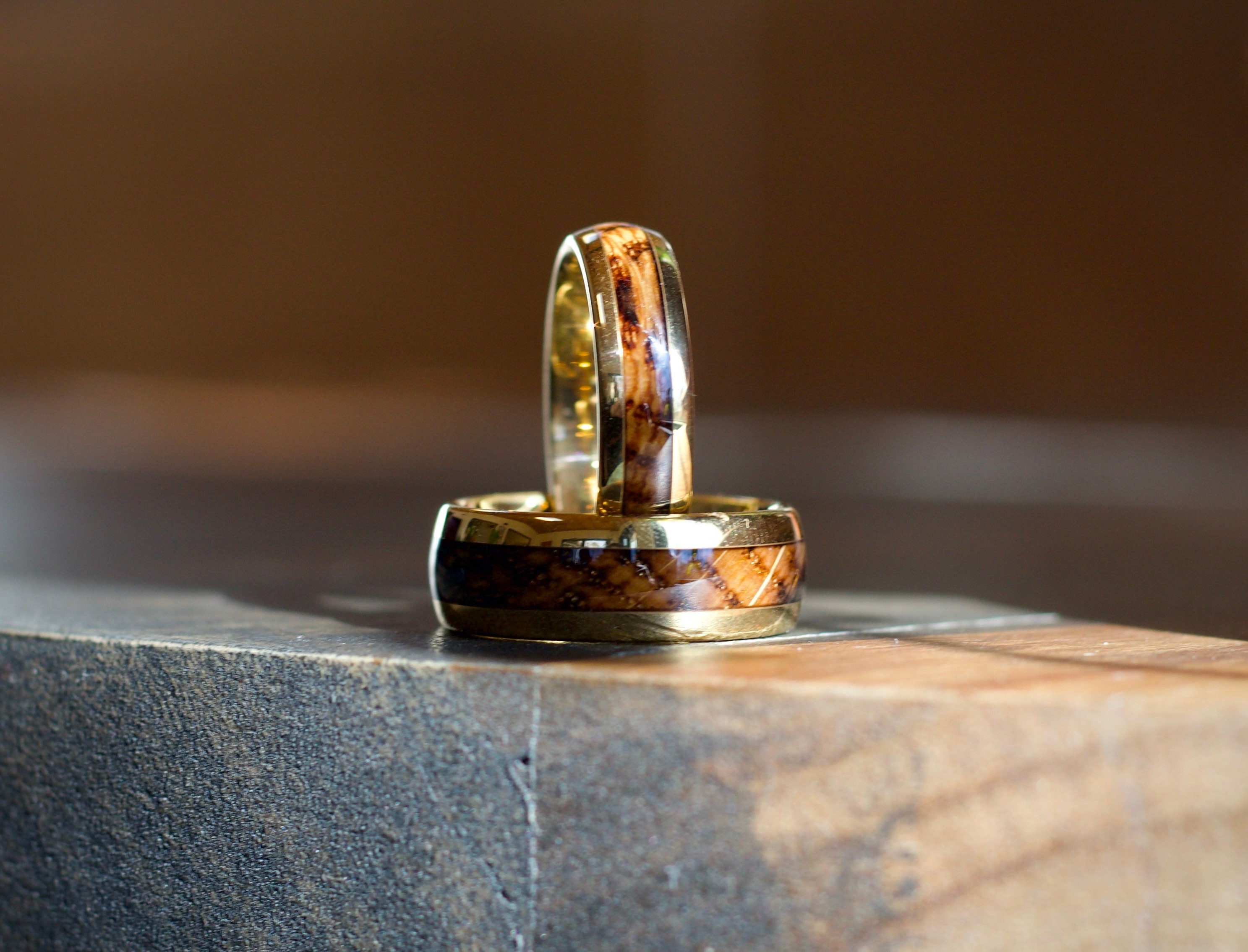 Gold Rings with Wood Inlay - Wood Wedding Bands