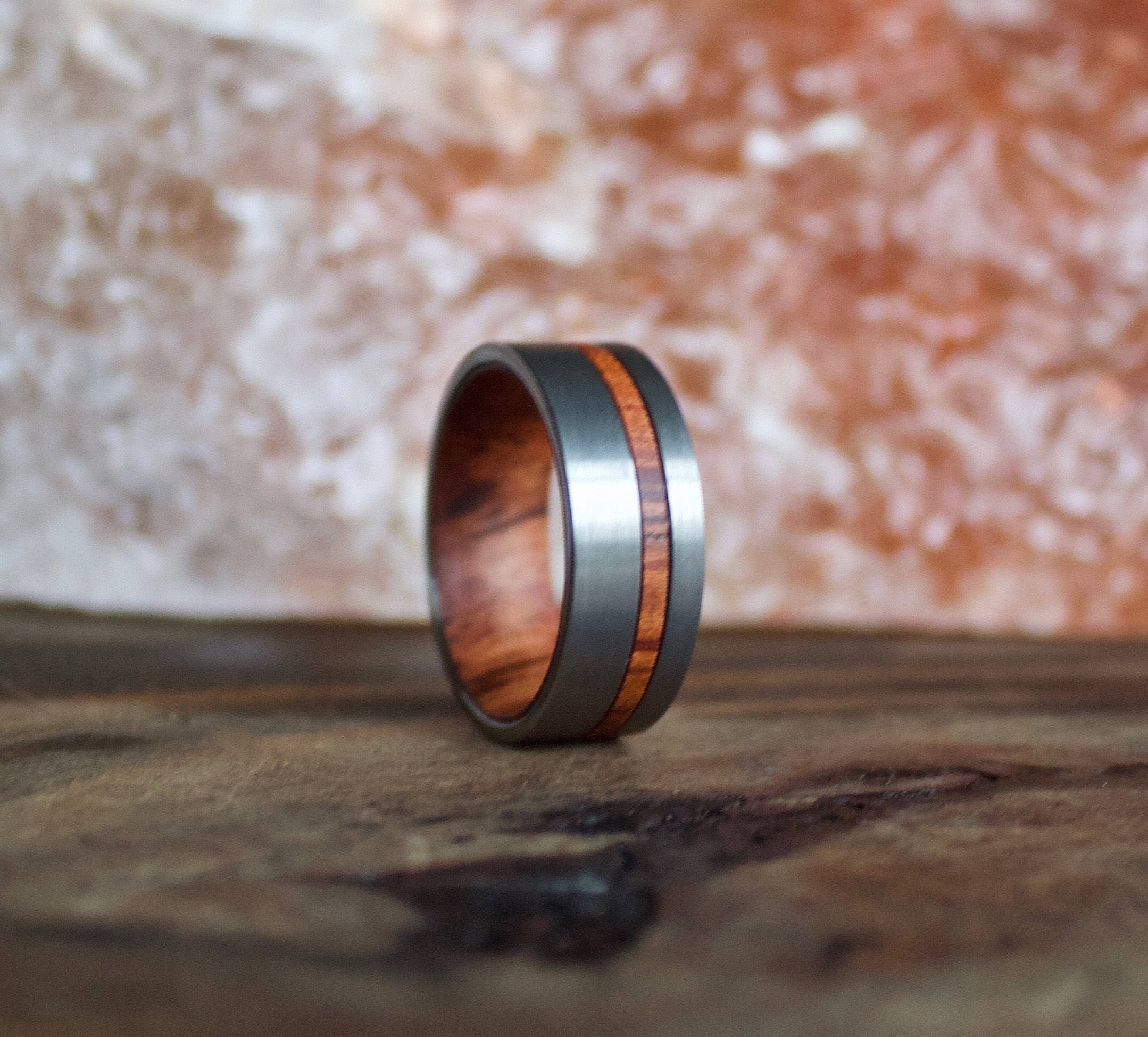 Black Titanium Ring [8mm width] Hawaiian Koa Wood & Meteorite