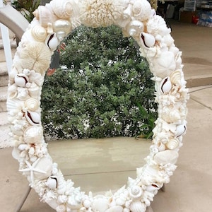 SOLD Made To Order Sea Shell Mirror Wall elegant and white  seashells Oval mirror Coastal decor  , elegant mirror, vanity mirror
