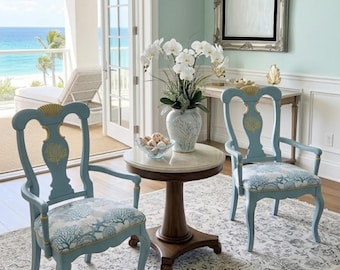 Blue Coastal Dining Chairs, Set of 2, Hand-Painted French Style ArmchairsCoastal Luxury • French Country • French Provincial  • Palm Beach