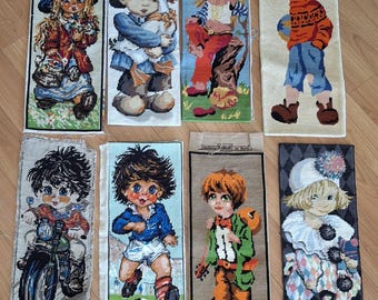 Vintage French  tapestry  embroidery  canvas Children with big eyes  set of 8