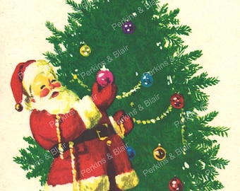 May include: Vintage illustration of Santa Claus decorating a Christmas tree. Santa, in his red suit with white trim, is placing ornaments on the green tree. Colorful ornaments are scattered on the ground. The image has the text "Perkins & Blair".