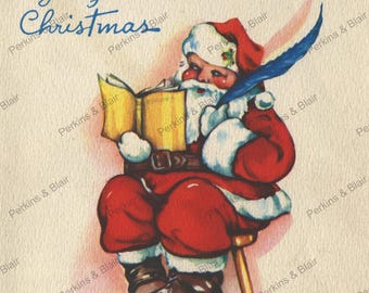 May include: Vintage illustration of Santa Claus seated on a wooden stool, reading a book and holding a quill pen. He wears a red suit with white trim and a matching hat. The words "Jolly Christmas" are written in blue script above Santa.