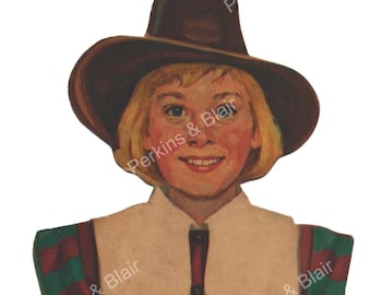 May include: A vintage paper cutout of a child in a historical costume. The outfit features a brown hat, a burgundy vest, green sleeves and pants, and black shoes with red bows. The text "Perkins & Blair" is printed on the cutout.