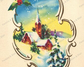 May include: Vintage Christmas card illustration featuring a snowy church scene within an ornate frame. The image showcases a red-roofed church and falling snow, with holly and berries at the top. The overall color palette includes blues, reds, and yellows.