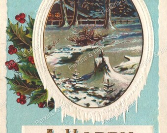 May include: Vintage Christmas card with a winter scene inside an oval frame. The card features a gold bell with a green bow, holly with red berries, and the text "A HAPPY CHRISTMAS" in red and gold.
