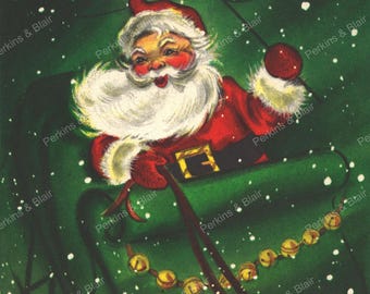 May include: Vintage illustration of Santa Claus in a green sleigh, set against a dark green background with falling snow. Santa is wearing a red suit with a white beard and hat, and gold belt. A string of gold bells hangs from the sleigh.