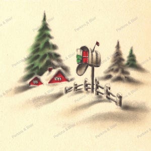 May include: A winter scene illustration featuring a snow-covered landscape with a red-roofed house, evergreen trees, and a mailbox. The mailbox is open, revealing red and green packages. A wooden fence runs along the foreground. The text "Perkins & Blair" is repeated.