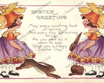 Vintage Flower Girls  and Bunnies Rabbit Easter Postcard Image Digital Download Printable Ephemera