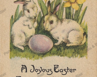 Vintage Joyous Easter Rabbits Bunnies Postcard Image Digital Download Printable Ephemera