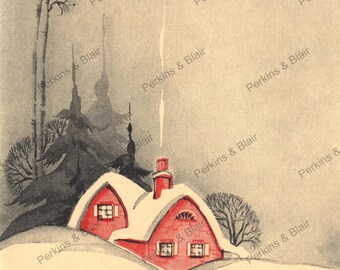 May include: Vintage Christmas card illustration featuring a red cottage with snow-covered roof and windows, set in a snowy landscape. Smoke rises from the chimney. The words "CHRISTMAS CHEER" are at the bottom.