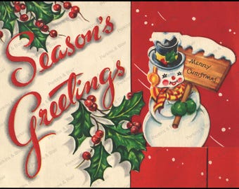 Snowman Christmas Card, Seasons Greetings, Merry Christmas Image, Digital Download, Printable Ephemera