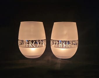 Viking runes tea candle holder or wine glass Set of two